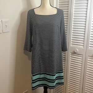 Merona Striped Navy and Blue with Teal Trim Mini Dress.  Size Medium